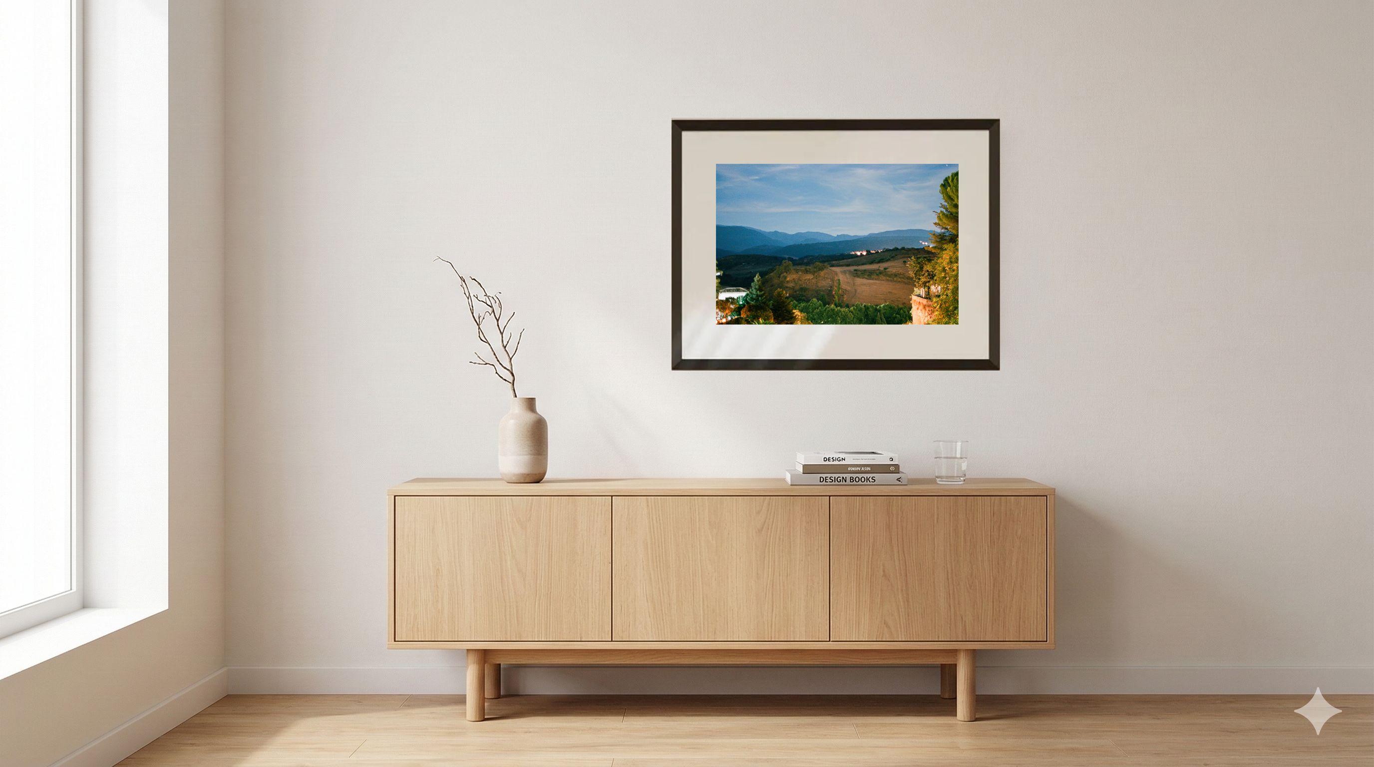Minimalistisches Wohnzimmer mit sanfter Beleuchtung